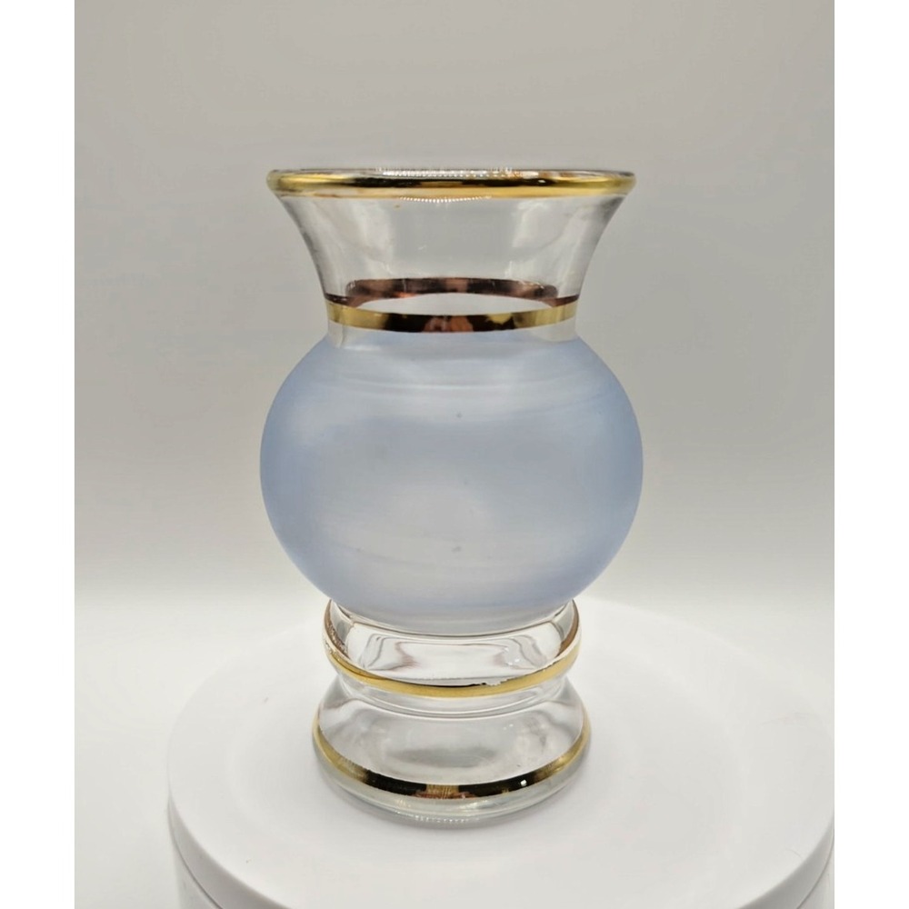 Vintage Bartlett Collins Frosted Mini Bud Vase Pale Blue Gold Accent 4in MCM